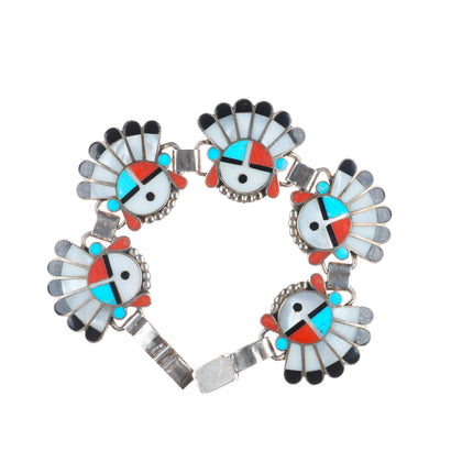 7.25" Vintage Zuni sterling silver sunface/Chief inlay link bracelet turquoise