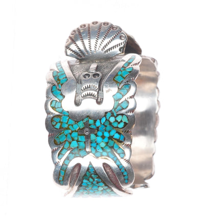 6.4" Gibson Gene Navajo sterling silver chip inlay peyote bird cuff bracelet