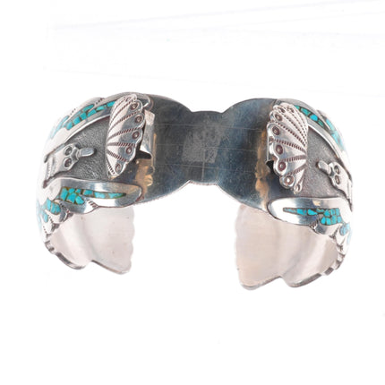 6.4" Gibson Gene Navajo sterling silver chip inlay peyote bird cuff bracelet