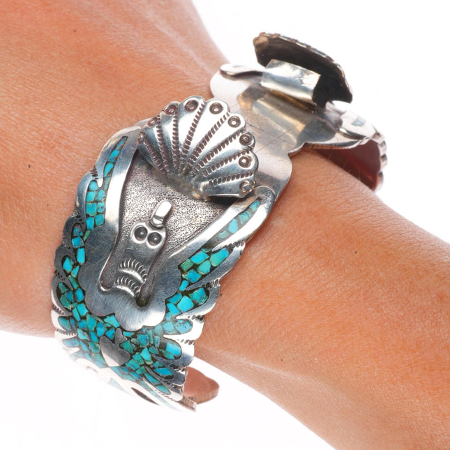 6.4" Gibson Gene Navajo sterling silver chip inlay peyote bird cuff bracelet