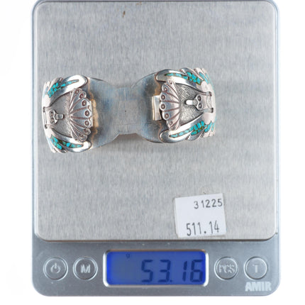 6.4" Gibson Gene Navajo sterling silver chip inlay peyote bird cuff bracelet