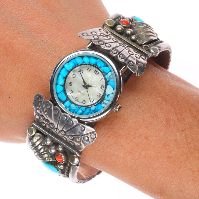 6.5" Vintage Navajo sterling silver, turquoise, coral, onyx watch cuff bracelet