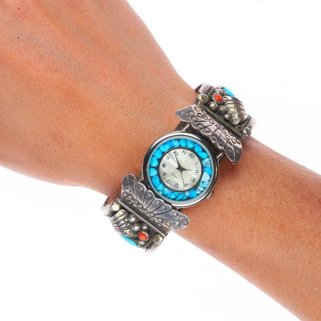 6.5" Vintage Navajo sterling silver, turquoise, coral, onyx watch cuff bracelet