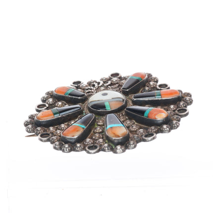 1940's Zuni sterling silver spiny oyster, turquoise-jet large sunface pin/brooch
