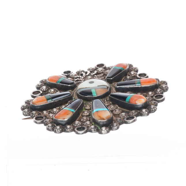 1940's Zuni sterling silver spiny oyster, turquoise-jet large sunface pin/brooch