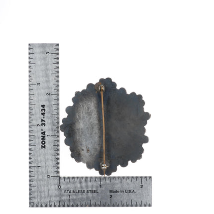 1940's Zuni sterling silver spiny oyster, turquoise-jet large sunface pin/brooch