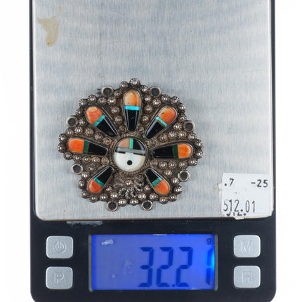 1940's Zuni sterling silver spiny oyster, turquoise-jet large sunface pin/brooch