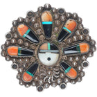 1940's Zuni sterling silver spiny oyster, turquoise-jet large sunface pin/brooch
