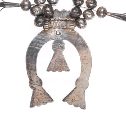 L Burnside Navajo vintage sterling silver stamped beads squash blossom necklace