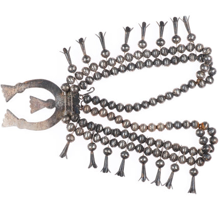 L Burnside Navajo vintage sterling silver stamped beads squash blossom necklace