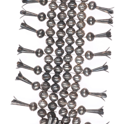 L Burnside Navajo vintage sterling silver stamped beads squash blossom necklace