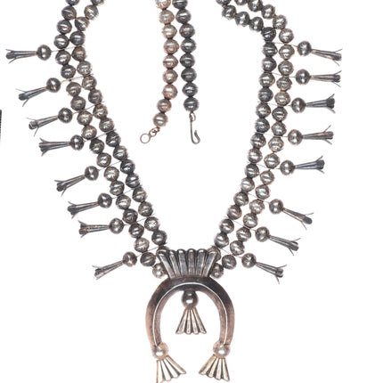 L Burnside Navajo vintage sterling silver stamped beads squash blossom necklace