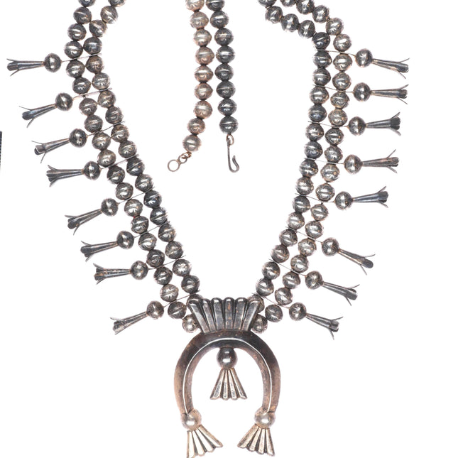 L Burnside Navajo vintage sterling silver stamped beads squash blossom necklace