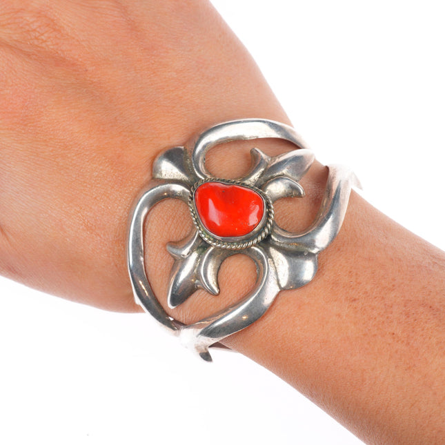 6" Vintage Navajo sterling silver Mediterranean coral sandcast cuff bracelet
