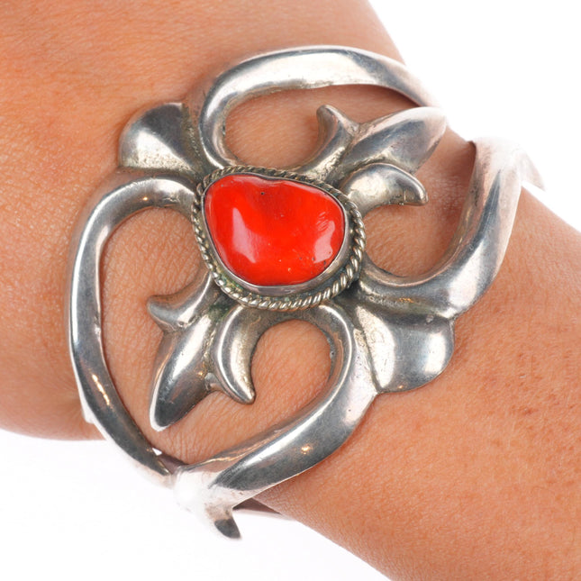 6" Vintage Navajo sterling silver Mediterranean coral sandcast cuff bracelet