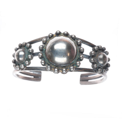 6" c1930's Vintage Navajo ingot silver domed beaded bezels cuff bracelet