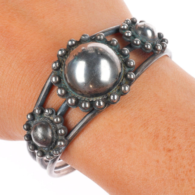 6" c1930's Vintage Navajo ingot silver domed beaded bezels cuff bracelet