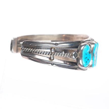 6.5" Harrison Jim Navajo sterling silver Kingman turquoise row cuff bracelet