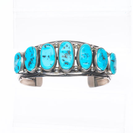 6.5" Harrison Jim Navajo sterling silver Kingman turquoise row cuff bracelet