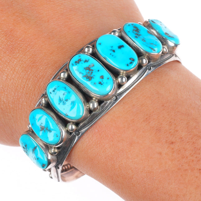 6.5" Harrison Jim Navajo sterling silver Kingman turquoise row cuff bracelet