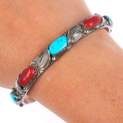 6.5" Simplicio Zuni sterling silver turquoise/coral row cuff bracelet