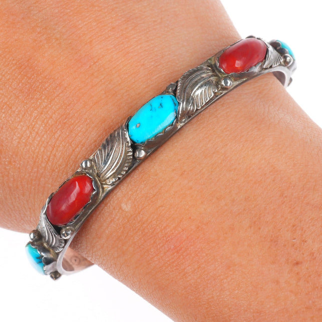 6.5" Simplicio Zuni sterling silver turquoise/coral row cuff bracelet