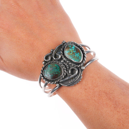 6.4" Vintage Navajo sterling silver green spiderweb turquoise cuff bracelet