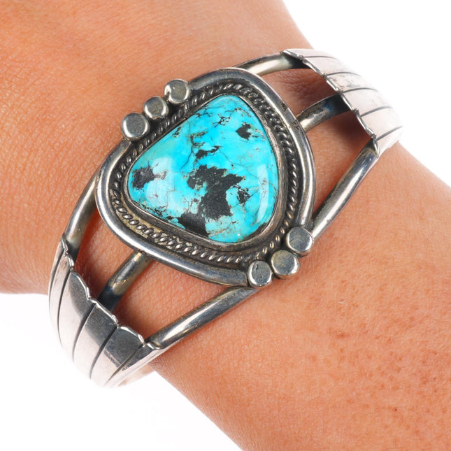 6.1" Vintage Navajo sterling silver turquoise rope bezel cuff bracelet