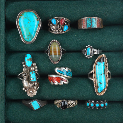 sz5-11 vintage Navajo/Zuni/southwestern style sterling silver turquoise ring lot