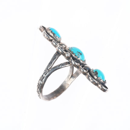 sz7.5 CE Vintage Navajo sterling silver 3 stone stamped shank long ring