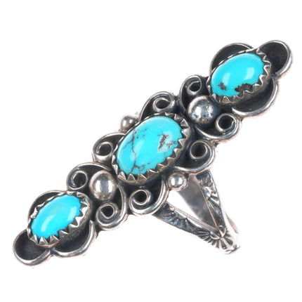 sz7.5 CE Vintage Navajo sterling silver 3 stone stamped shank long ring
