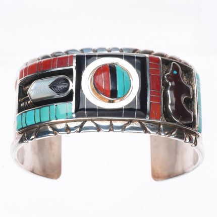6.6" Don Dewa Zuni sunface spinner sterling silver coral/turquoise cuff bracelet