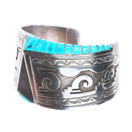 6.6" Charlie Bowie Navajo sterling silver turquoise inlaid vintage cuff bracelet