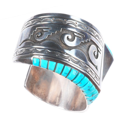 6.6" Charlie Bowie Navajo sterling silver turquoise inlaid vintage cuff bracelet