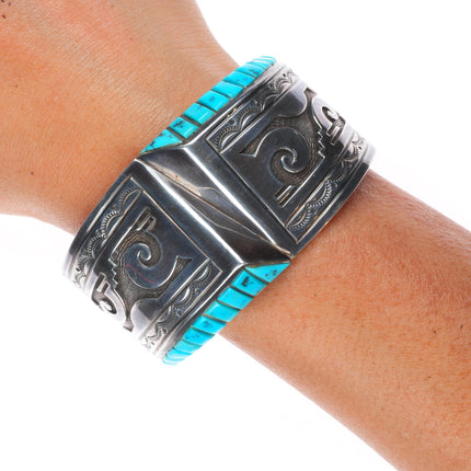 6.6" Charlie Bowie Navajo sterling silver turquoise inlaid vintage cuff bracelet