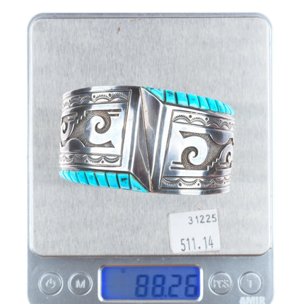 6.6" Charlie Bowie Navajo sterling silver turquoise inlaid vintage cuff bracelet