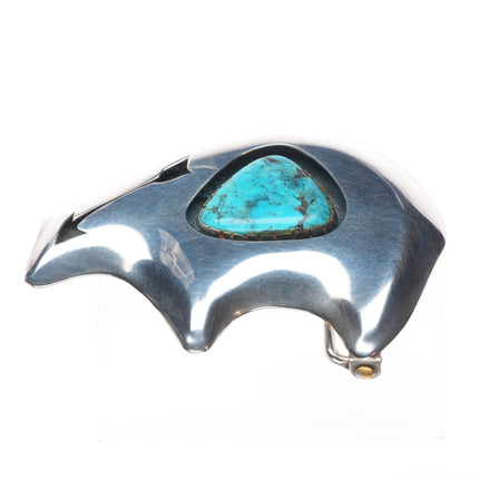 Vintage Navajo sterling silver bear shaped shadowbox belt buckle with turquoise