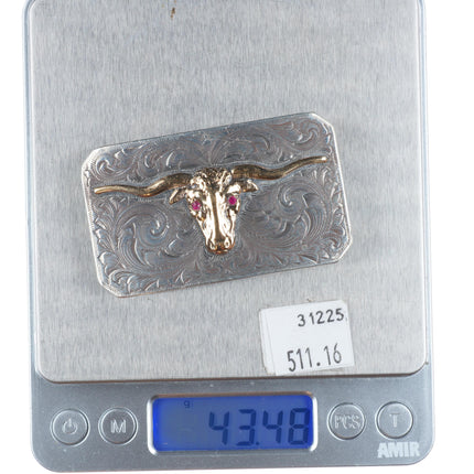 1940's McCabe 10k gold/hand engraved sterling silver rubies longhorn belt buckle