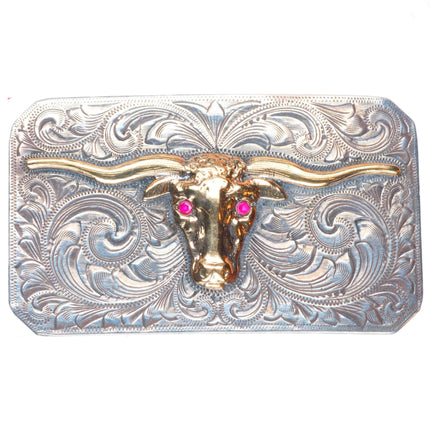 1940's McCabe 10k gold/hand engraved sterling silver rubies longhorn belt buckle