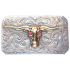 1940's McCabe 10k gold/hand engraved sterling silver rubies longhorn belt buckle