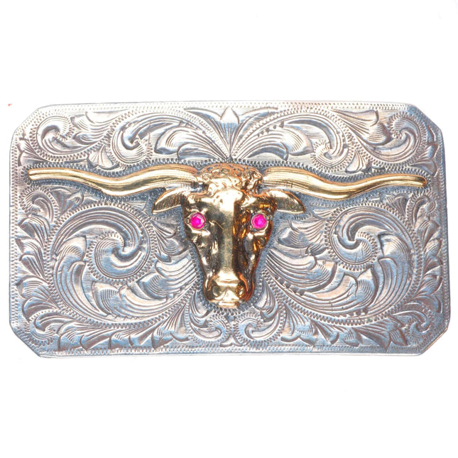 1940's McCabe 10k gold/hand engraved sterling silver rubies longhorn belt buckle
