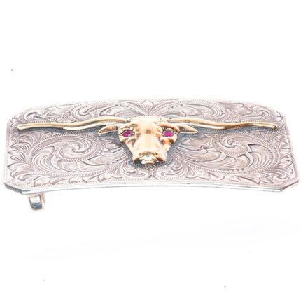 1940's McCabe 10k gold/hand engraved sterling silver rubies longhorn belt buckle
