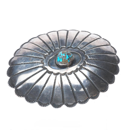 Vintage Navajo sterling silver morenci turquoise deep stamped concho belt buckle