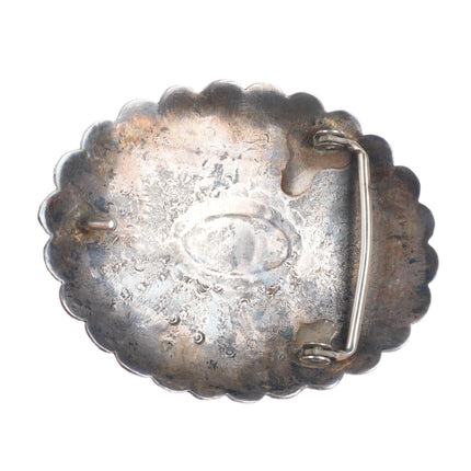 Vintage Navajo sterling silver morenci turquoise deep stamped concho belt buckle