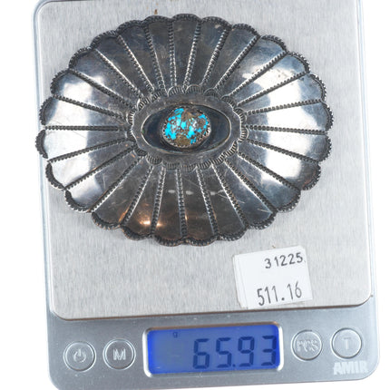 Vintage Navajo sterling silver morenci turquoise deep stamped concho belt buckle