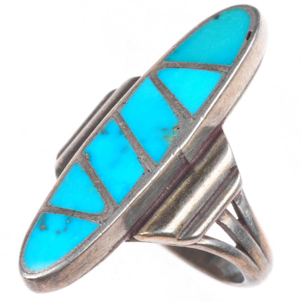 sz6 Vintage Zuni sterling silver flush inlay turquoise ring
