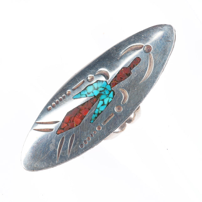 sz4 Tommy Singer Navajo sterling silver peyote bird chip inlay turquoise ring