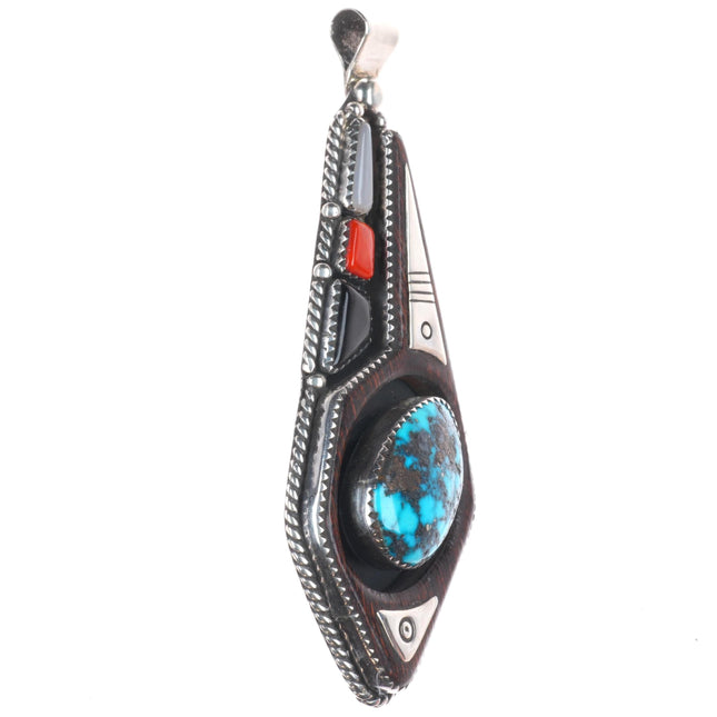 Vintage southwestern modernist Ironwood sterling silver turquoise, coral pendant