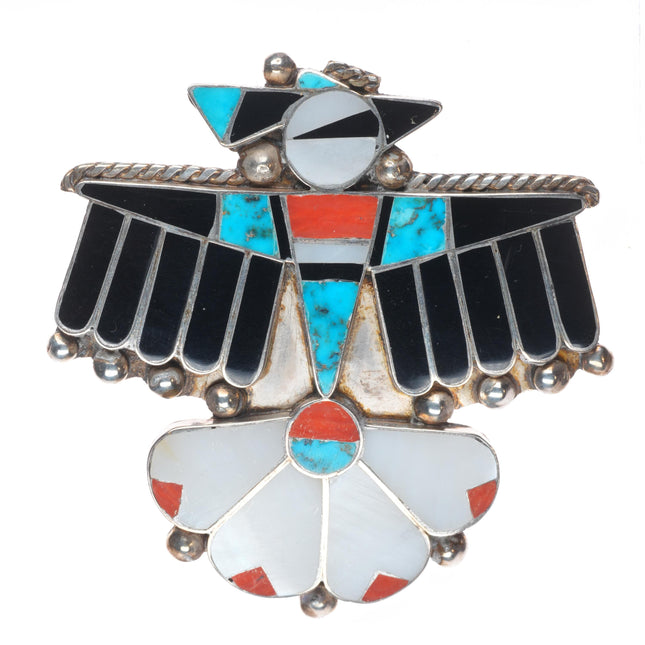 2 Vintage Zuni sterling silver channel inlay thunderbird pins turquoise/coral