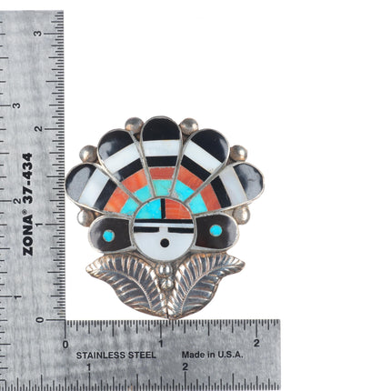 Vintage Zuni sterling silver spiny oyster, turquoise sunface/chief pin/brooch